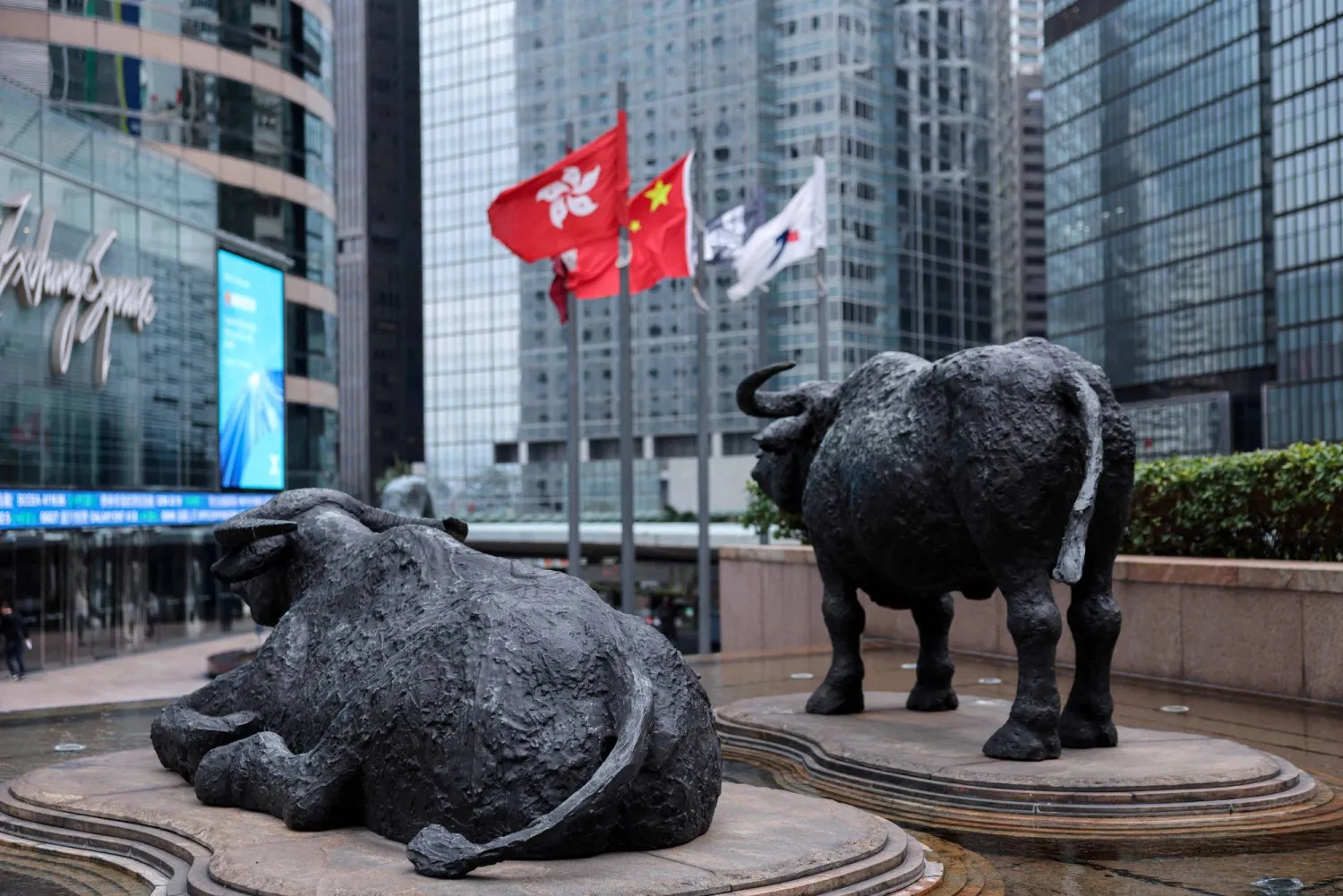 Bull statues near screens showing the Hang Seng stock index and stock prices outside Exchange Square, in Hong Kong, China, February 3, 2026. REUTERS/Tyrone Siu//File Photo