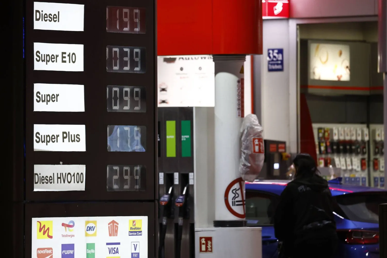 A display shows fuel prices at a petrol station in Munich, Germany, 10 March 2026. Fuel prices have risen since the start of US and Israeli military strikes on Iran and retaliatory attacks by Iran. (EPA)