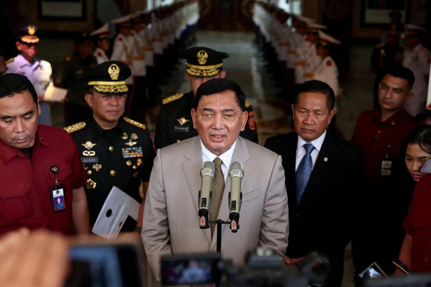 Indonesia's Defense Minister Sjafrie Sjamsoeddin speaks to journalists following his meeting with Australian Deputy Prime Minister and Minister for Defense Richard Marles in Jakarta, Indonesia, March 12, 2026. REUTERS/Willy Kurniawan     TPX IMAGES OF THE DAY