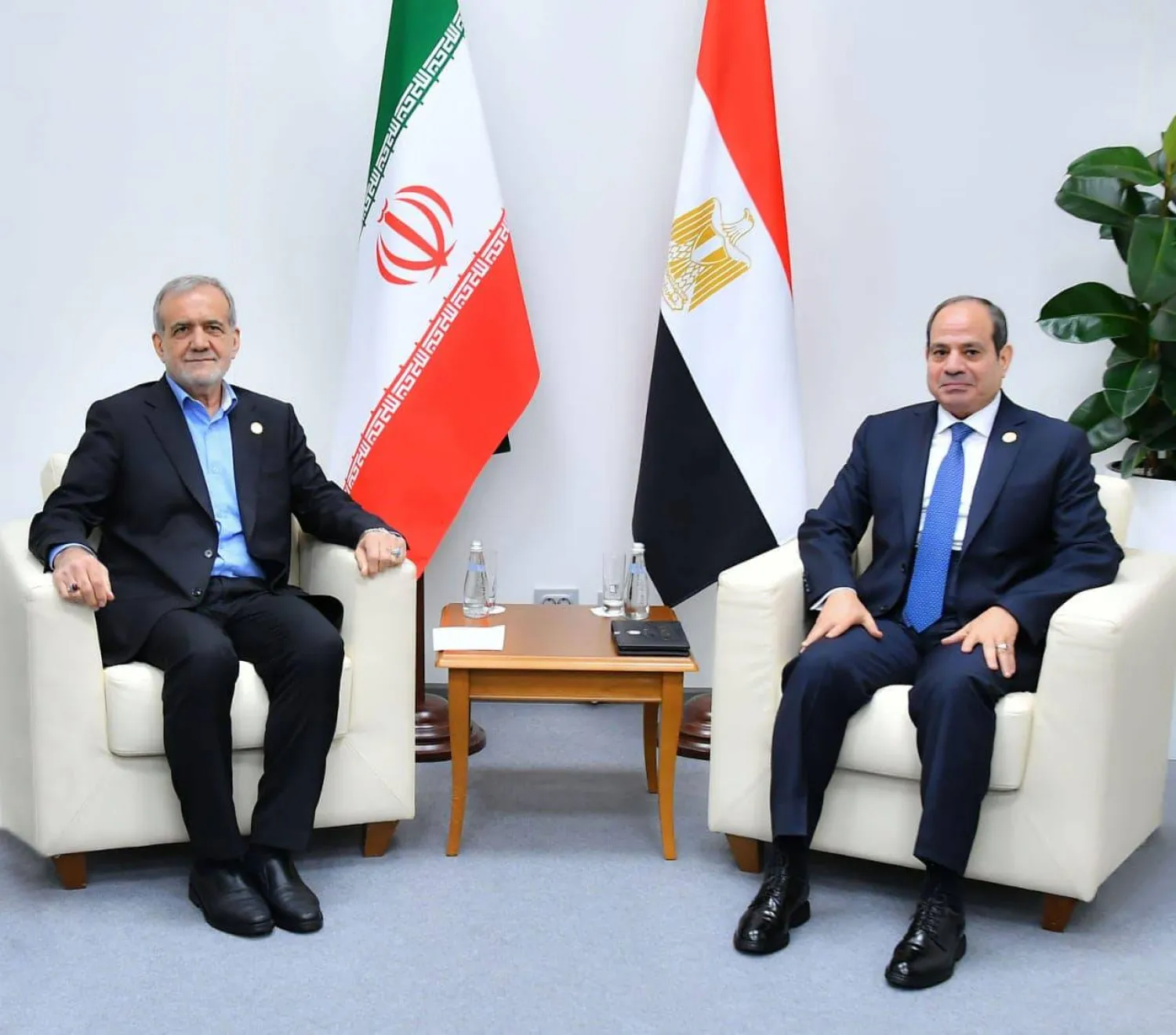 الرئيس المصري عبد الفتاح السيسي ونظيره الإيراني مسعود بزشكيان في لقاء سابق (الرئاسة المصرية)