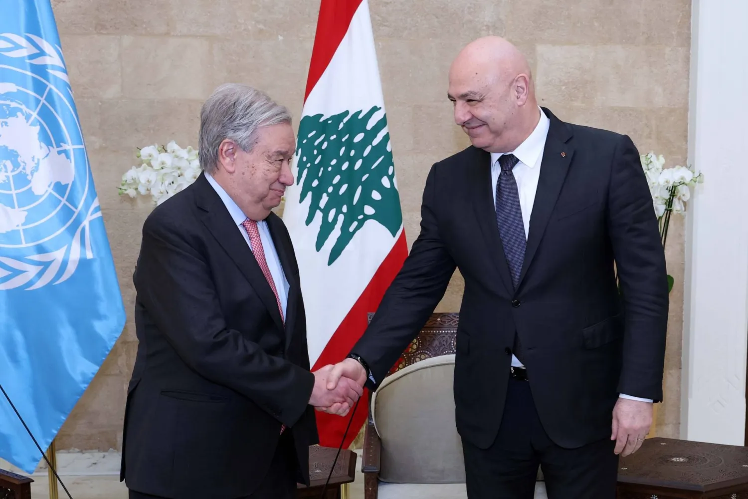 الرئيس اللبناني جوزيف عون مستقبِلاً الأمين العام للأمم المتحدة أنطونيو غوتيريش (رئاسة الجمهورية)