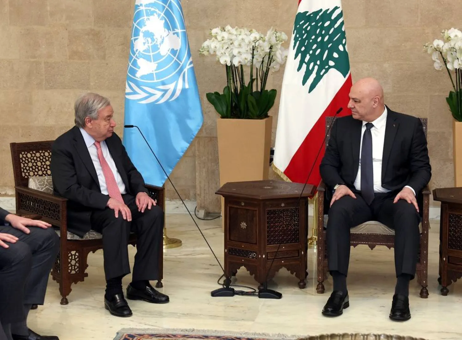  In this photo released by the Lebanese Presidency press office, Lebanese President Joseph Aoun, right, meets with United National Secretary-General Antonio Guterres, at the presidential place in Baabda, east of Beirut, Lebanon, Friday, March 13, 2026. (Lebanese Presidency press office via AP) 