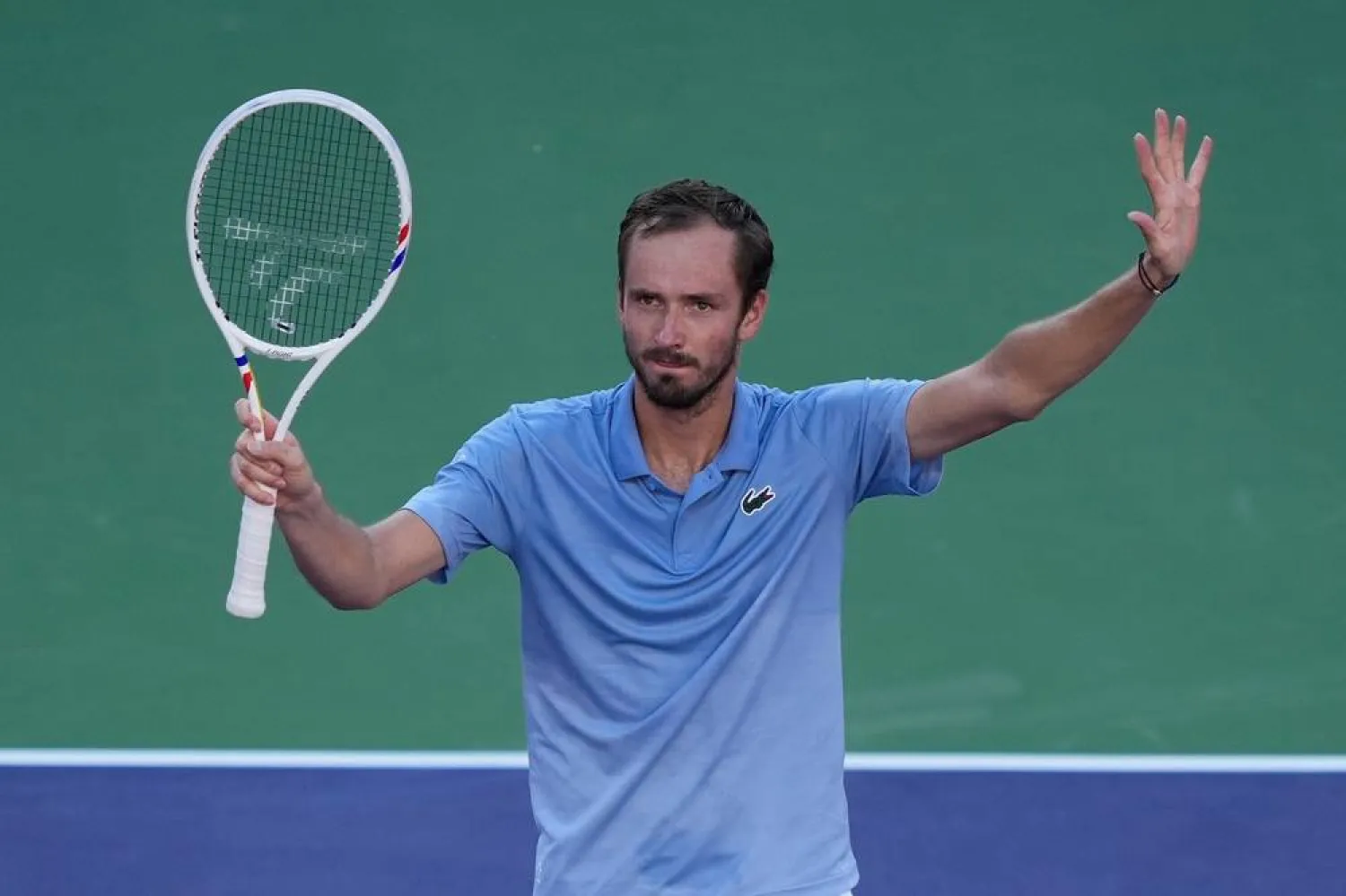 Daniil Medvedev, of Russia, celebrates after defeating Carlos Alcaraz, of Spain, during a semifinal match at the BNP Paribas Open tennis tournament, Saturday, March 14, 2026, in Indian Wells, Calif. (AP) 