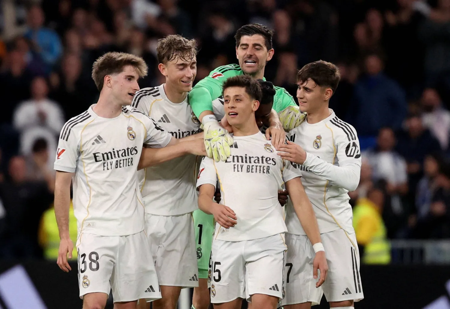 Football - LaLiga - Real Madrid v Elche - Santiago Bernabeu, Madrid, Spain - March 14, 2026 Real Madrid's Arda Guler celebrates scoring their fourth goal with Cesar Palacios, Dean Huijsen, Thibaut Courtois and Diego Aguado. (Reuters)