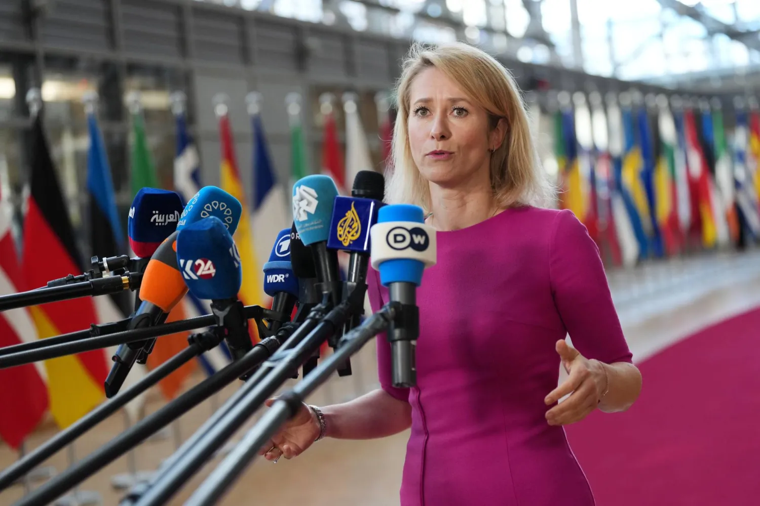 European Union foreign policy chief Kaja Kallas speaks with the media as she arrives for a meeting of EU foreign ministers and representatives of the Gulf Cooperation Council at the European Council building in Brussels, Thursday, March 5, 2026. (AP Photo/Virginia Mayo)
