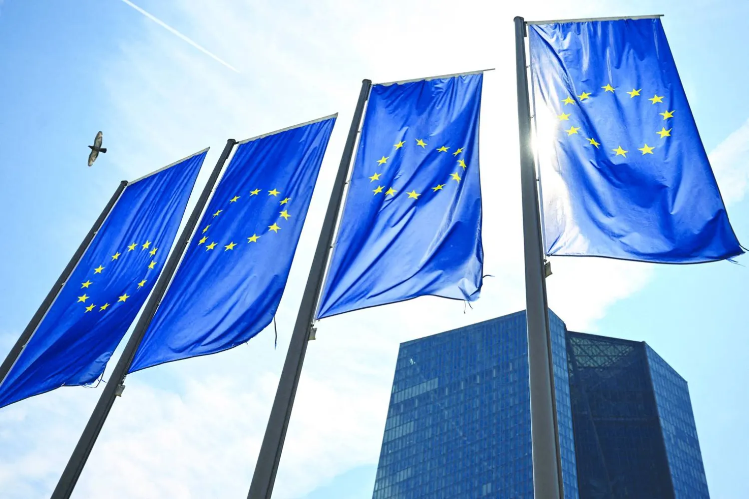 أعلام الاتحاد الأوروبي ترفرف أمام مقر البنك المركزي الأوروبي في فرانكفورت (رويترز)