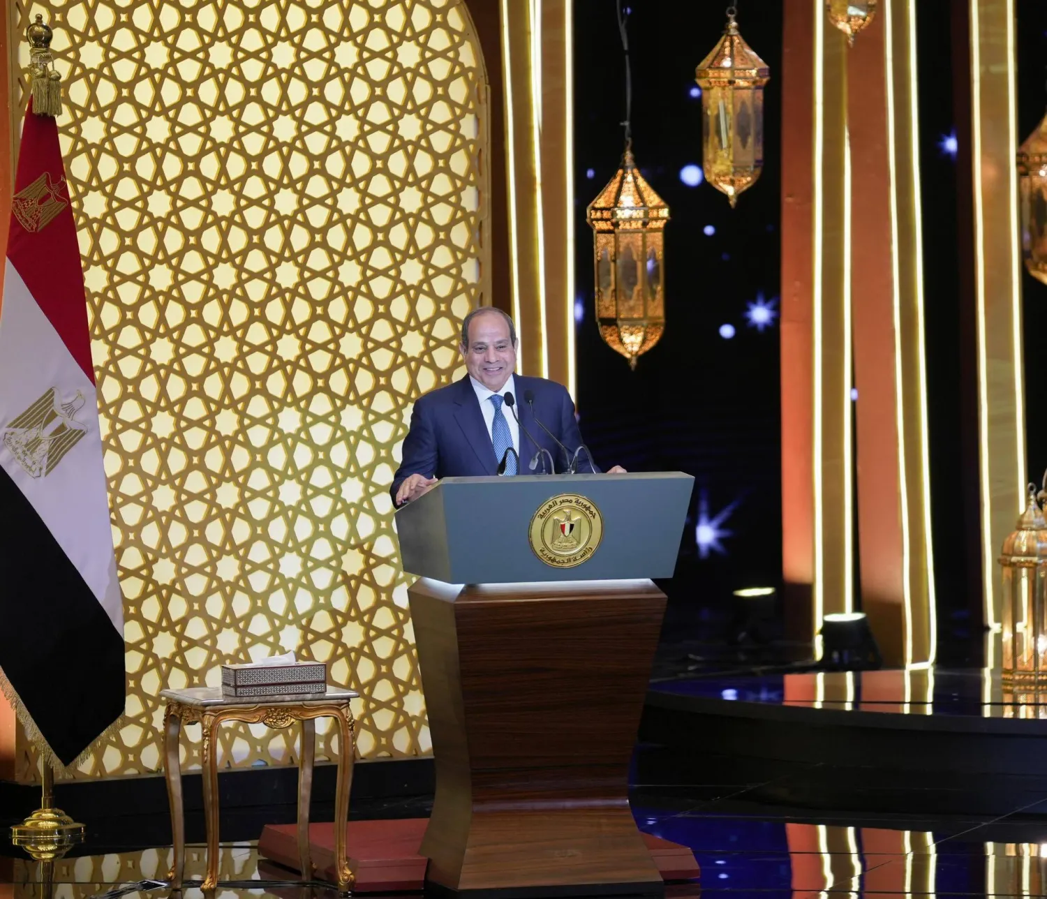 الرئيس المصري عبد الفتاح السيسي خلال كلمته في احتفال «ليلة القدر» يوم الاثنين (الرئاسة المصرية)