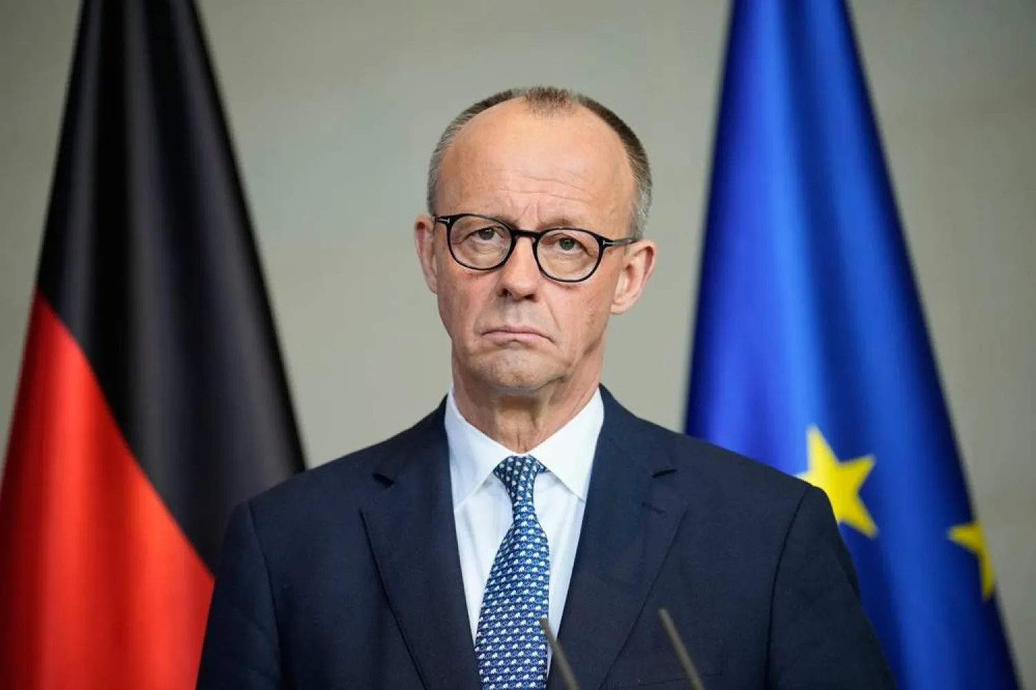  German Chancellor Friedrich Merz, attends a joint press conference with the Prime Minister of the Netherlands, Rob Jetten after their meeting at the chancellery in Berlin, Germany, Monday, March 16, 2026. (AP) 