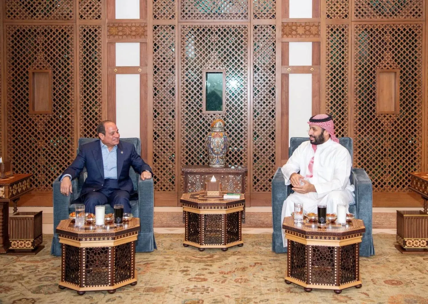 Prince Mohammed bin Salman bin Abdulaziz Al Saud, Saudi Crown Prince and Prime Minister, and Egypt’s President Abdel Fattah al-Sisi meet in Jeddah in February. (SPA)