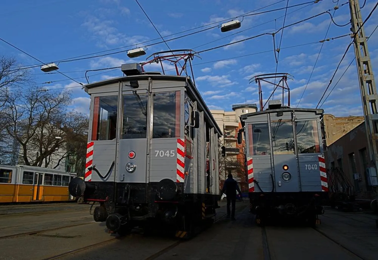  Two century-old freight trams are parked in the Kelenfold tram depot in Budapest, Hungary on Thursday, March 12, 2026. (AP) 