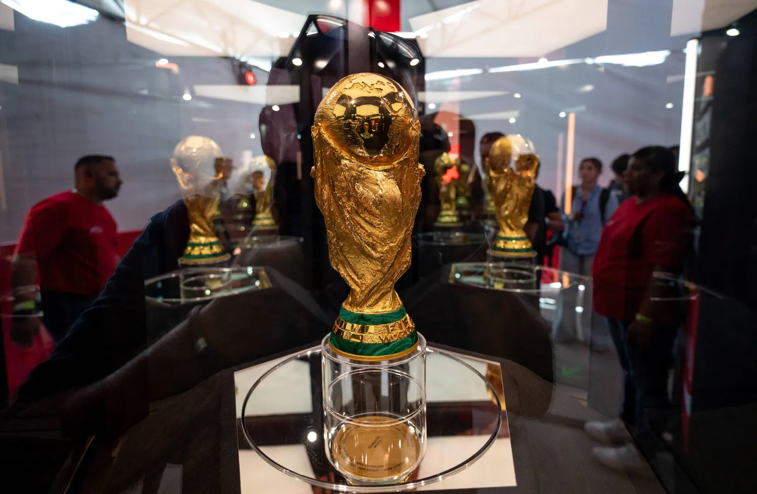 The FIFA World Cup trophy is displayed at BBVA Stadium in Monterrey, Mexico, 14 March 2026. (EPA)
