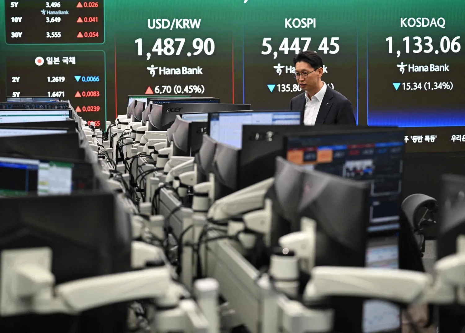 متعامل يراقب أسعار الصرف في سيول مع تجاوز خام برنت 100 دولار (أ.ف.ب)