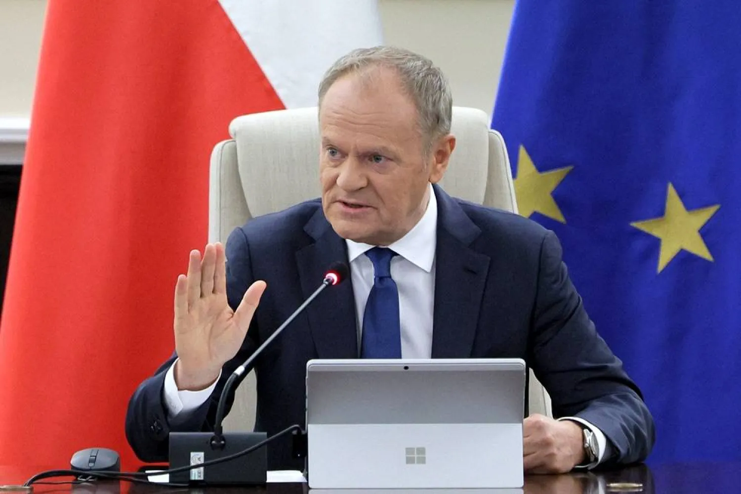 Polish Prime Minister Donald Tusk attends the government meeting at the Chancellery of the Prime Minister in Warsaw, Poland, 13 March 2026. (EPA)