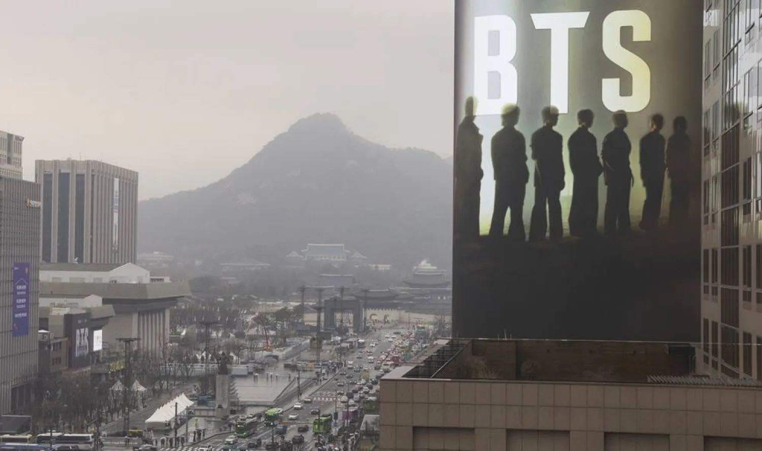 A view of the main stage for a free concert by K-pop group BTS at Gwanghwamun Square in Seoul, South Korea, 18 March 2026. (EPA)