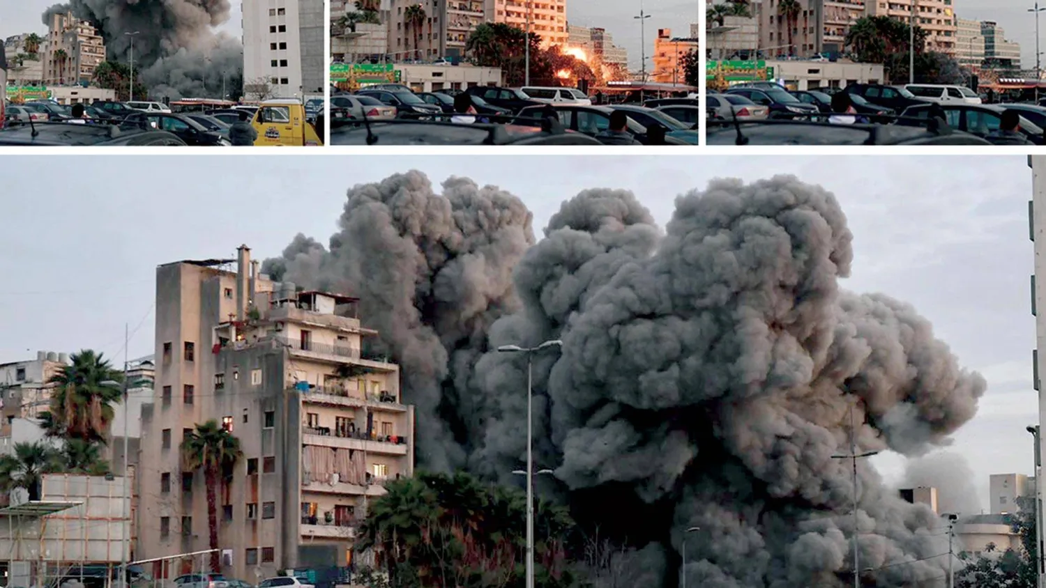  صورة مركبة تظهر صاروخاً إسرائيلياً يستهدف مبنى في الباشورة بمحيط وسط بيروت ثم انفجاره أمس (الشرق الأوسط)
