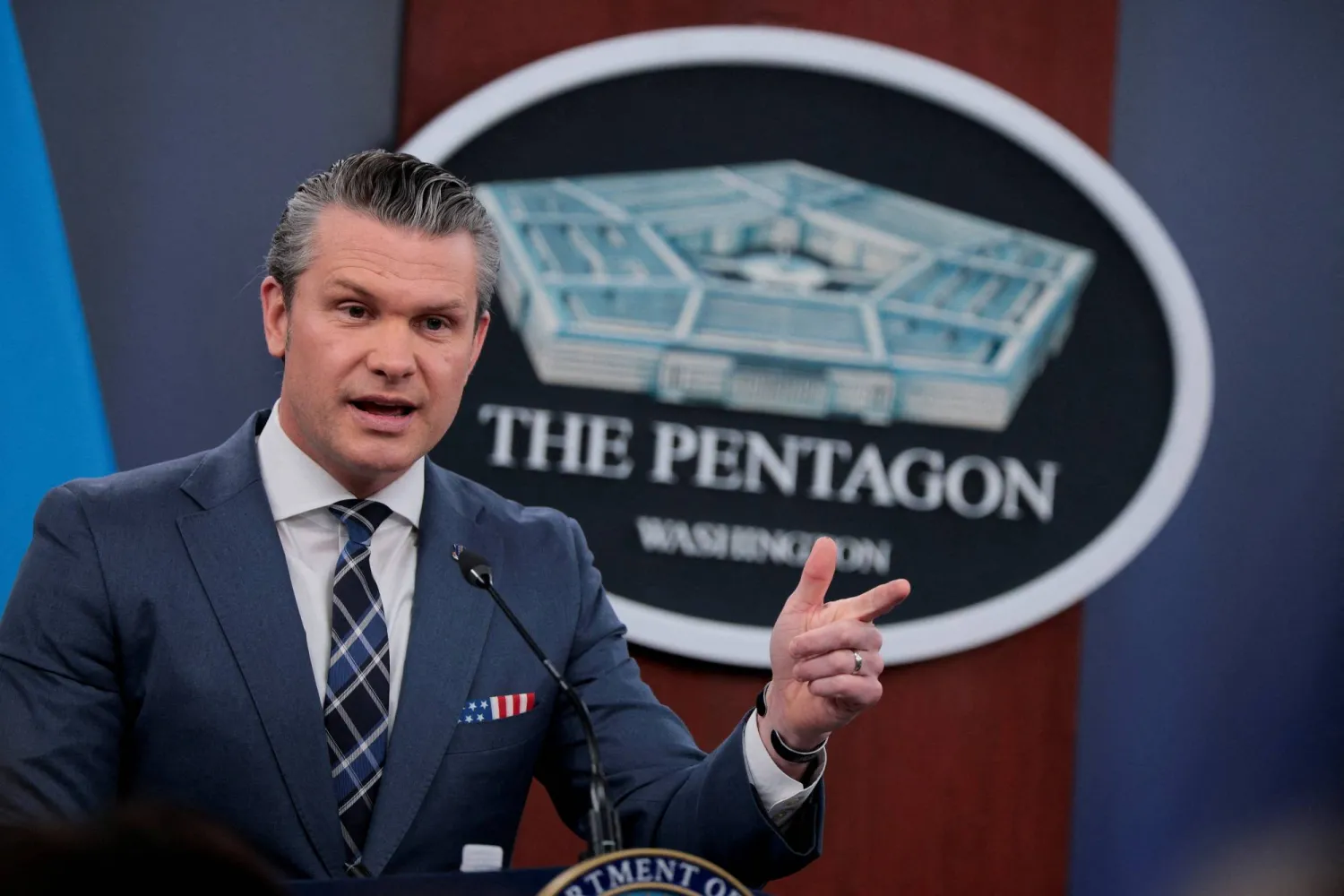 US Secretary of Defense Pete Hegseth holds a briefing with Chairman of the Joint Chiefs of Staff General Dan Caine, amid the US-Israeli war on Iran, at the Pentagon in Washington, D.C., US, March 19, 2026. REUTERS/Evan Vucci     