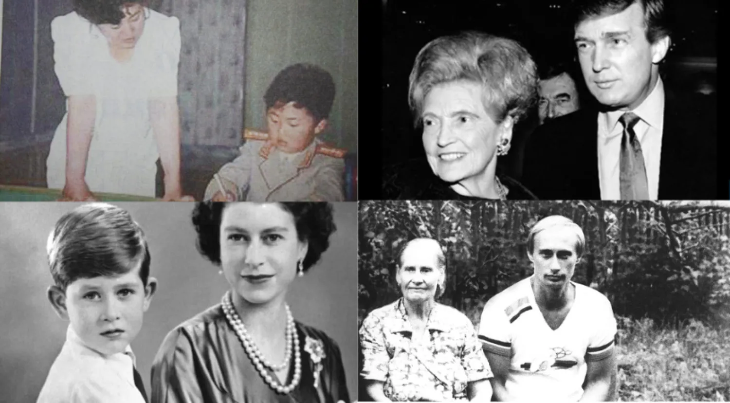 دونالد ترمب، كيم جونغ أون، فلاديمير بوتين والملك تشارلز مع أمهاتهم (يوتيوب/ الكرملين/ أ.ف.ب)