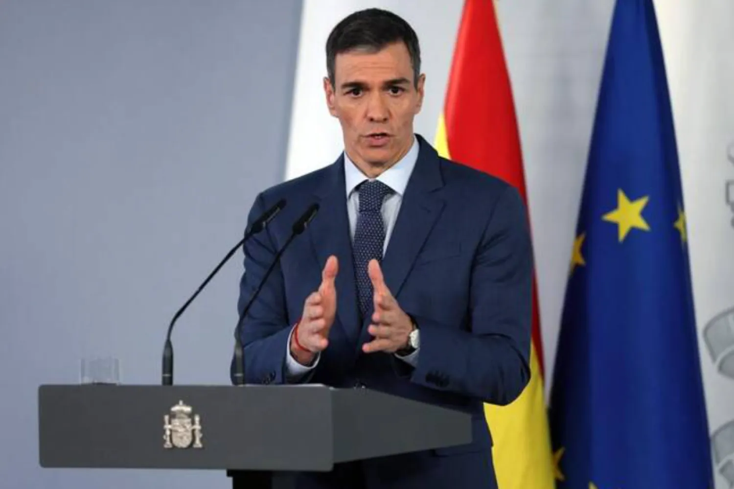 Spain’s Prime Minister Pedro Sanchez gives a press conference following an extraordinary cabinet meeting about the energy crisis, at the Moncloa Palace in Madrid on Mar. 20, 2026 via AFP
