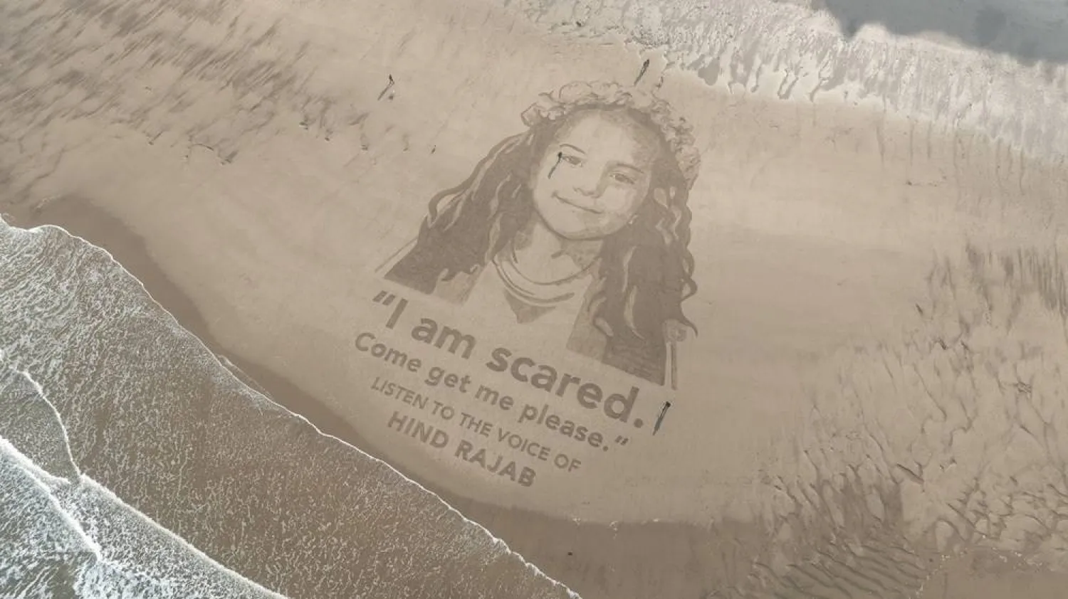 Drone view of a giant sand portrait of Hind Rajab, a 5-year-old Palestinian girl killed in Gaza in 2024 and the focus of the Oscar-nominated film "The Voice of Hind Rajab," created on a beach near Scarborough, North Yorkshire, Britain, in this undated handout image. (A Letter from Lucy/Handout via Reuters)