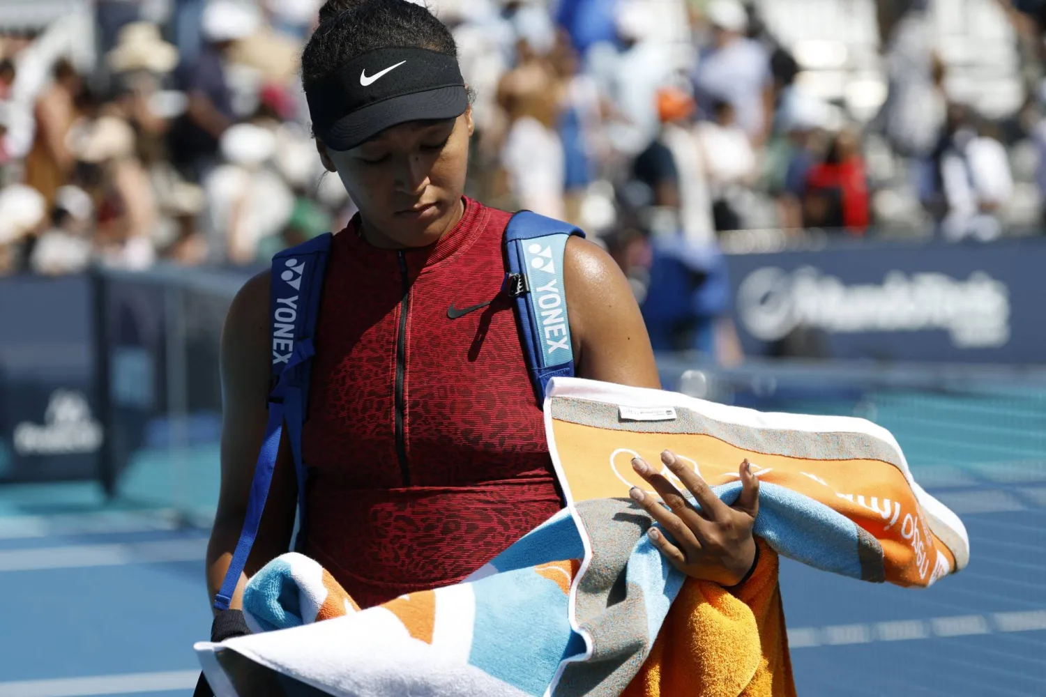 Mar 21, 2026; Miami Gardens, FL, USA; Naomi Osaka (JPN) walks off the court after her match against Talia Gibson (AUS) (not pictured) on day five of the 2026 Miami Open at Hard Rock Stadium. Mandatory Credit: Geoff Burke-Imagn Images
