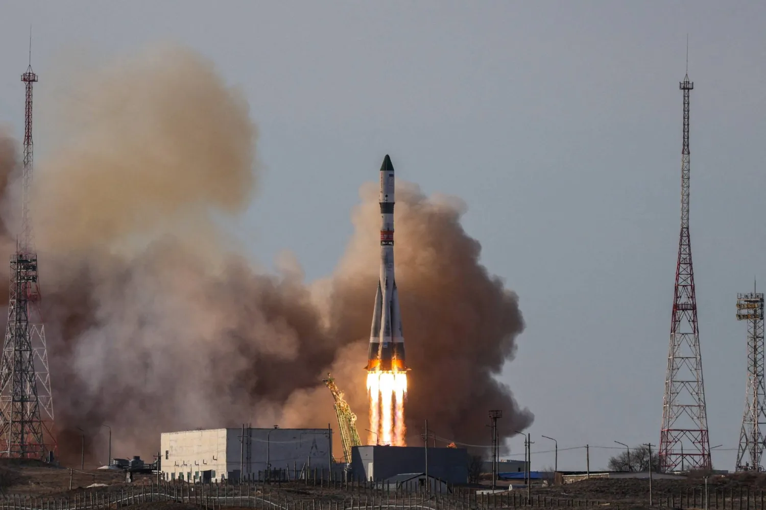 FILE PHOTO: A Soyuz-2.1a rocket booster with a Progress MS-33 cargo spacecraft blasts off to the International Space Station (ISS) from the launch pad at the Baikonur Cosmodrome, Kazakhstan March 22, 2026. Roscosmos/Handout via REUTERS