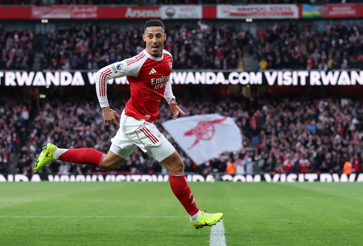 Soccer Football - Premier League - Arsenal v Chelsea - Emirates Stadium, London, Britain - March 1, 2026 Arsenal's William Saliba celebrates scoring their first goal. (Action Images via Reuters)
