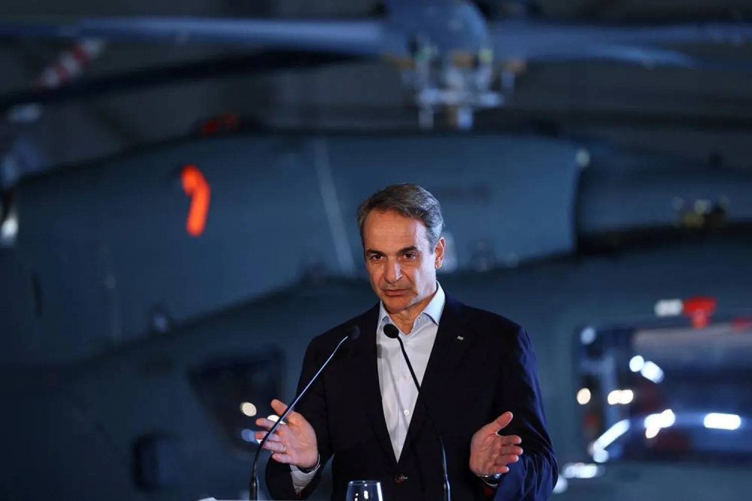 Greek Prime Minister Kyriakos Mitsotakis speaks during a joint press conference with Cyprus' and France's presidents at Paphos military airport, in Paphos, Cyprus, 09 March 2026, (EPA)
