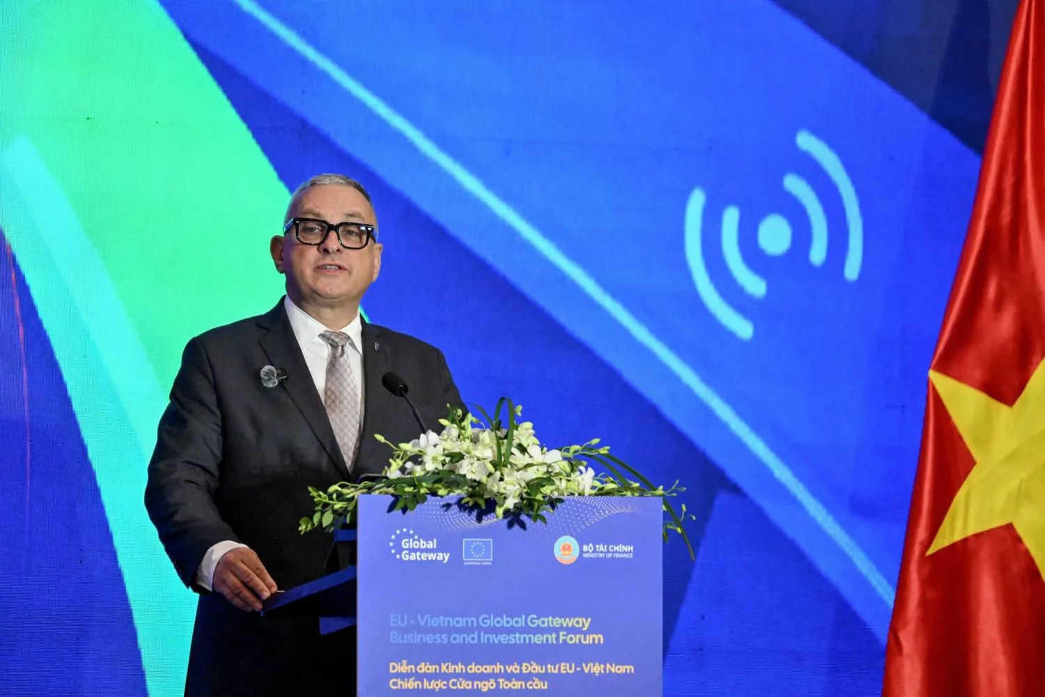 EU Commissioner for International Partnerships Jozef Sikela speaks during the EU-Vietnam business and investment forum in Hanoi on March 24, 2026. (Photo by Nhac NGUYEN / AFP)
