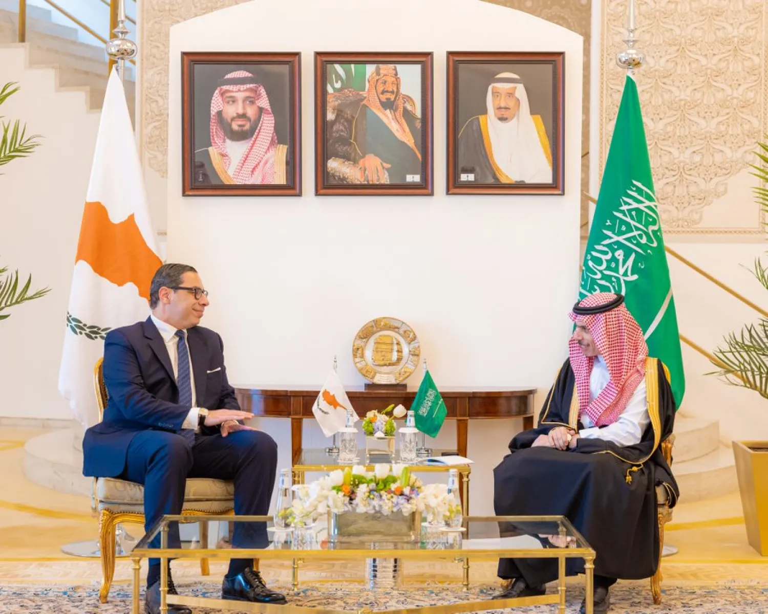 Saudi Minister of Foreign Affairs Prince Faisal bin Farhan bin Abdullah meets with his Cypriot counterpart Constantinos Kombos in Riyadh on Tuesday. (Saudi Foreign Ministry)