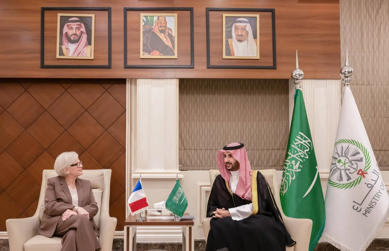 Saudi Defense Minister Prince Khalid bin Salman and French Minister of the Armed Forces Catherine Vautrin meet in Riyadh on Tuesday. (Saudi Defense Ministry)