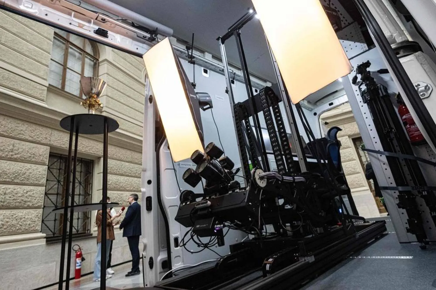 A photo taken in Prague's National Museum shows a 3D scanner in the Archa III (Ark Project) truck on March 24, 2026 in Prague, Czech Republic. (AFP)