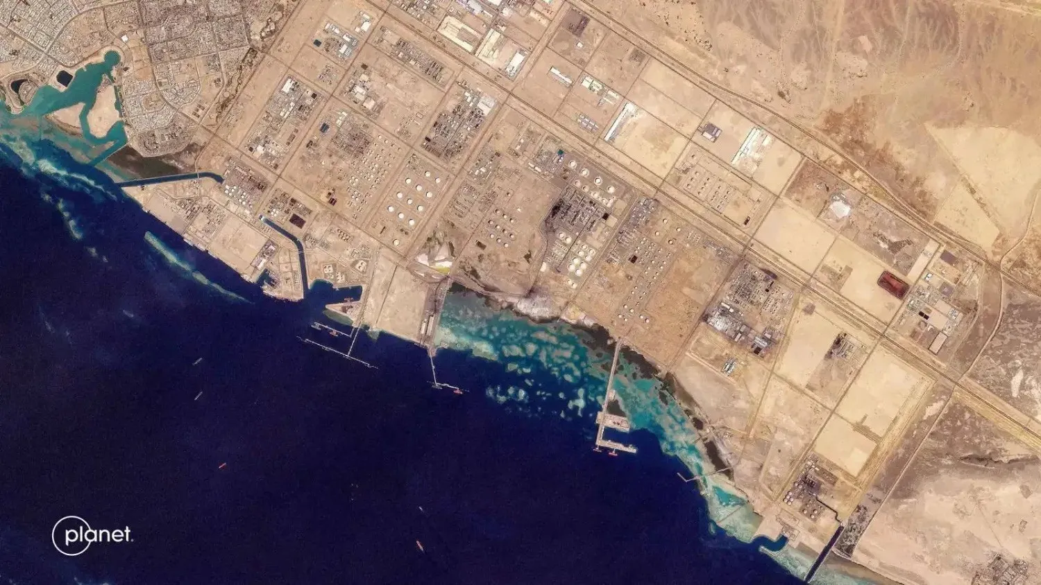 A satellite image captured by Planet Labs shows oil infrastructure at Yanbu Port on Saudi Arabia’s Red Sea coast on March 4, 2026 (AFP)