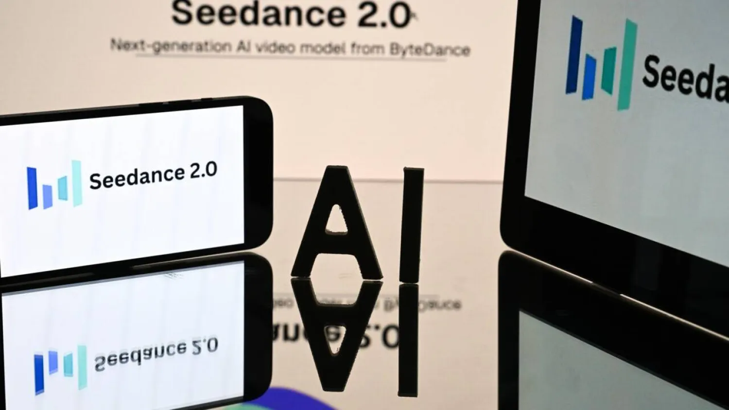 A smartphone displays the logo of Seedance 2.0, the image-to-video and text-to-video AI model. Lionel BONAVENTURE / AFP/File

