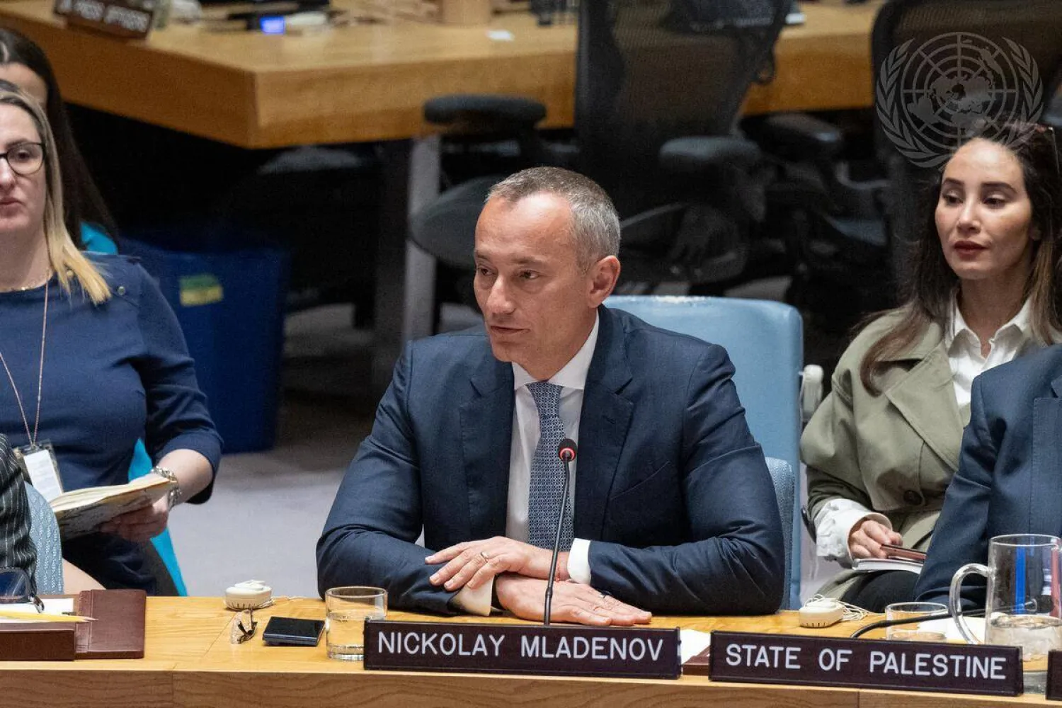 الممثل السامي لغزة في «مجلس السلام» نيكولاي ملادينوف يتحدث أمام مجلس الأمن بنيويوك الثلاثاء الماضي (الأمم المتحدة)