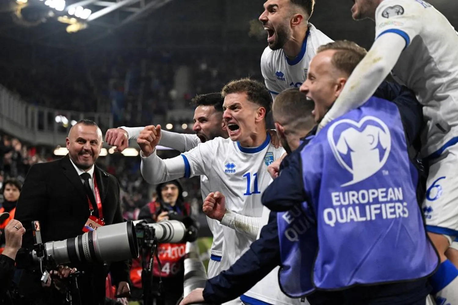  Soccer Football - FIFA World Cup - UEFA Qualifiers - Semi-final - Slovakia v Kosovo - National Football Stadium, Bratislava, Slovakia - March 26, 2026 Kosovo's Florent Muslija celebrates scoring their third goal with teammates (Reuters)