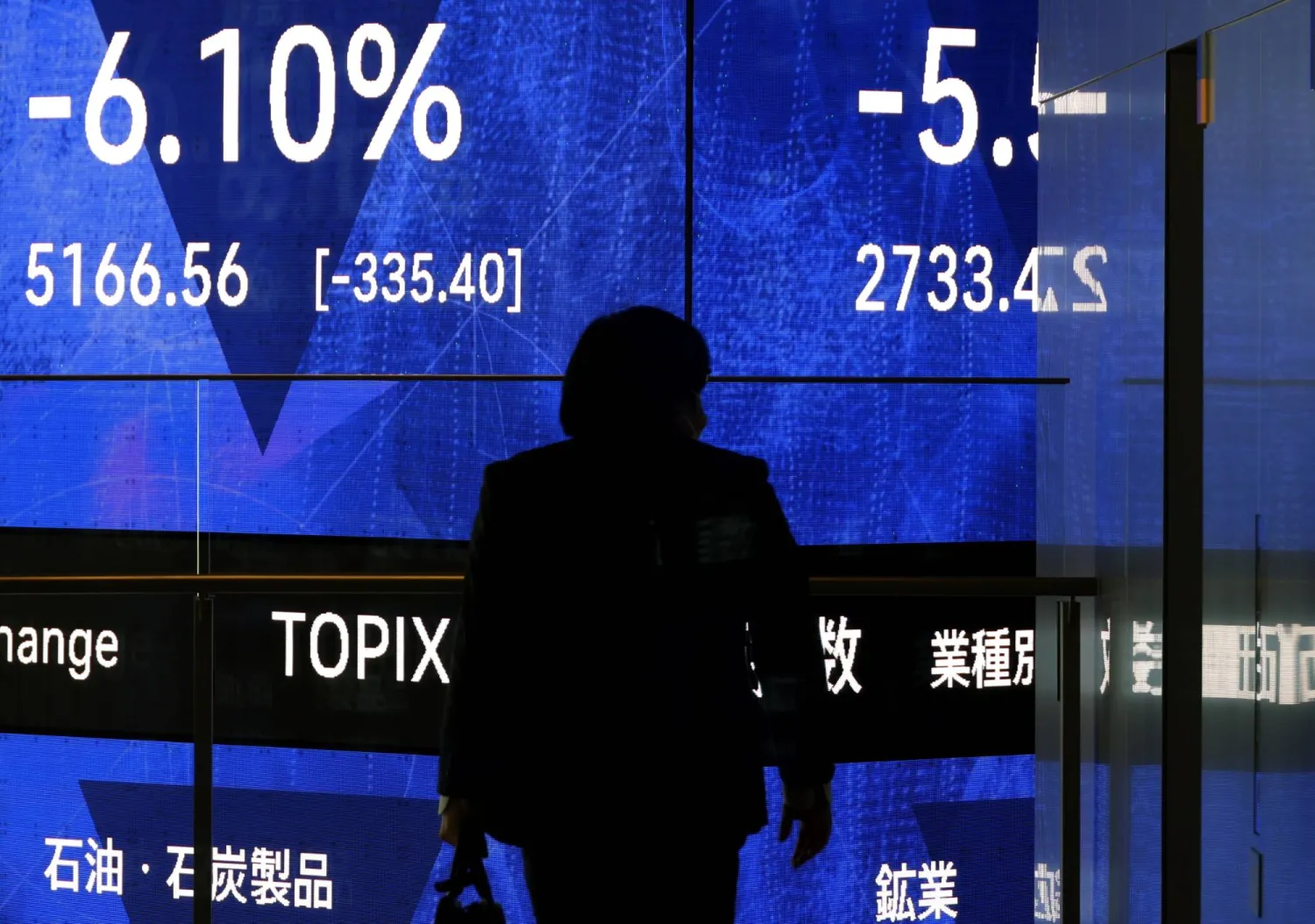 رجل يمر أمام شاشة تعرض حركة الأسهم في العاصمة اليابانية طوكيو (إ.ب.أ)