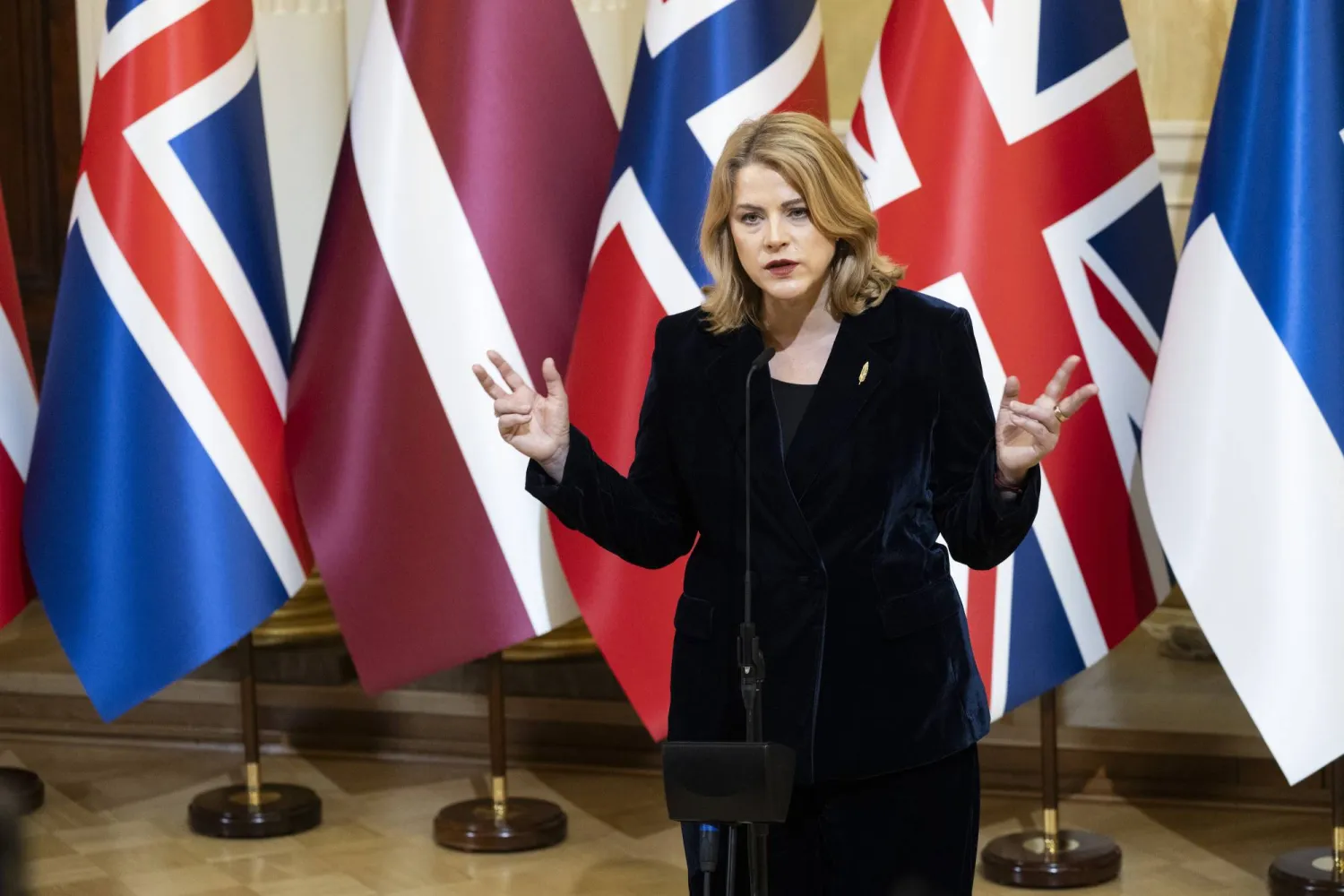 رئيسة وزراء لاتفيا سيلينا إيفيكا خلال قمة قادة قوة التدخل السريع المشتركة في هلسنكي، فنلندا 26 مارس 2026 (إ.ب.أ)
