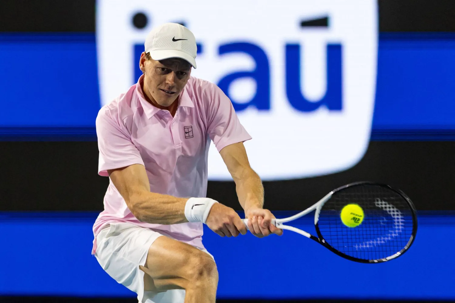 Mar 27, 2026; Miami Gardens, FL, USA;   Jannik Sinner of Italy hits a backhand against Alexander Zverev of Germany in the semi-finals of the men’s singles at the Miami Open at the Hard Rock Stadium. Mandatory Credit: Mike Frey-Imagn Images