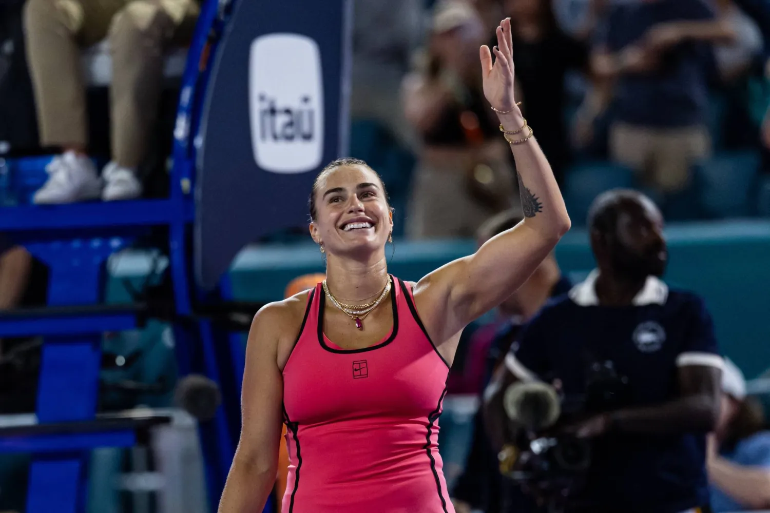 Mar 26, 2026; Miami Gardens, FL, USA; Aryna Sabalenka of Belarus celebrates her victory over Elena Rybakina of Kazakhstan in the semi-finals of the women’s singles at the Miami Open at the Hard Rock Stadium. Mandatory Credit: Mike Frey-Imagn Images