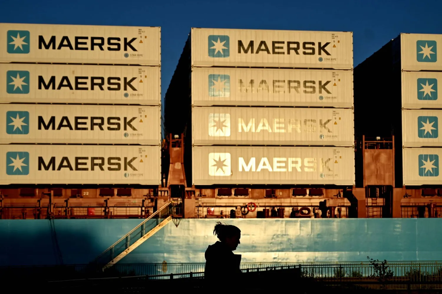 (FILES) Containers of Danish shipping and logistics company Maersk stand on a vessel in Copenhagen on September 14, 2023. (Photo by SERGEI GAPON / AFP)