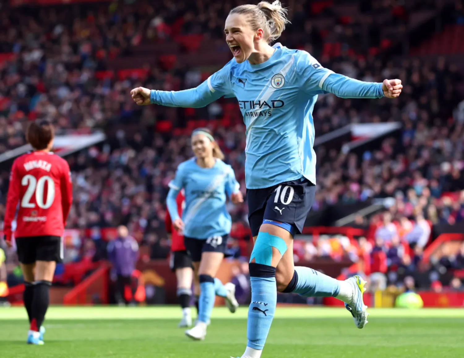 Vivianne Miedema celebrates her first goal as Manchester City dominate at Old Trafford. Photograph: Craig Brough/Action Images/Reuters
