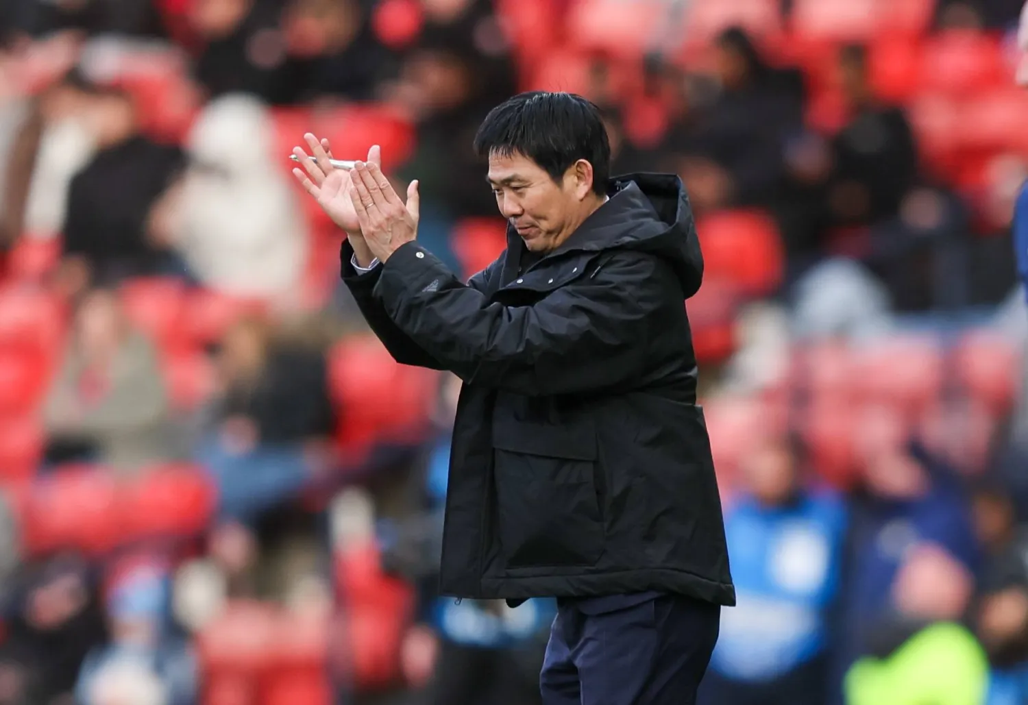 Hajime Moriyasu head coach of Japan gestures during the international friendly soccer match between Scotland and Japan in Glasgow, Britain, 28 March 2026. (EPA) 