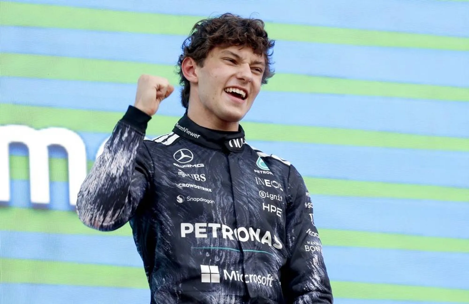  Mercedes driver Andrea Kimi Antonelli of Italy celebrates on the podium after winning the Formula 1 Japanese Grand Prix at the Suzuka International Racing Course racetrack in Suzuka, Japan, 29 March 2026. (EPA)