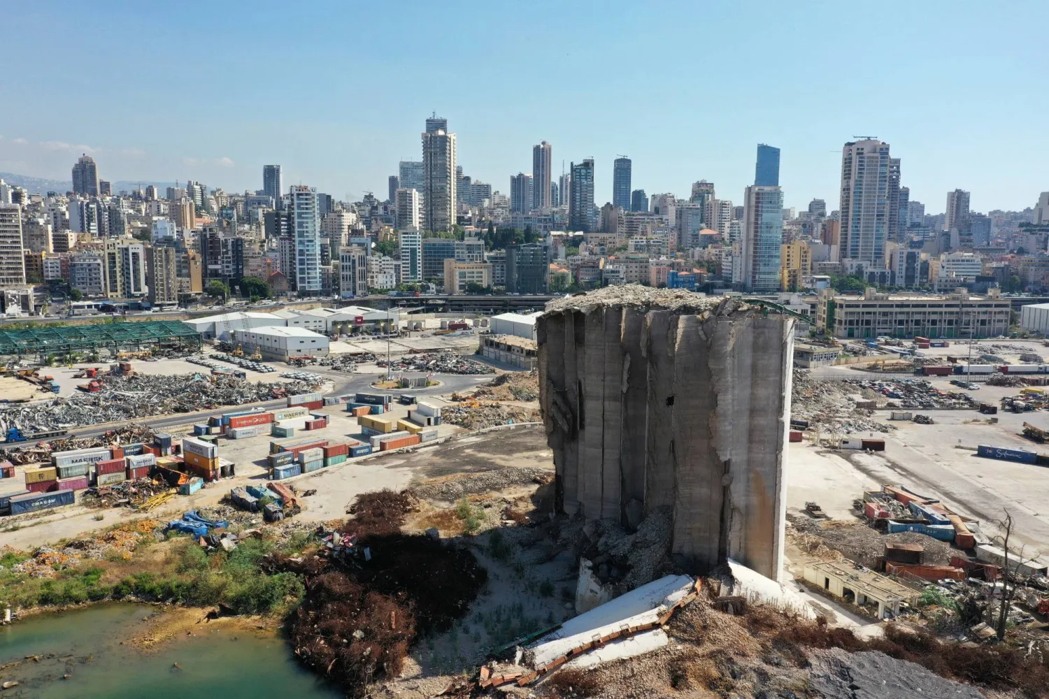 A view shows the partially collapsed grain silos, damaged in the August 4, 2020 Beirut port blast as Lebanon marks third anniversary of the explosion on Friday, in Beirut Lebanon August 2, 2023. REUTERS/Issam Abdallah 