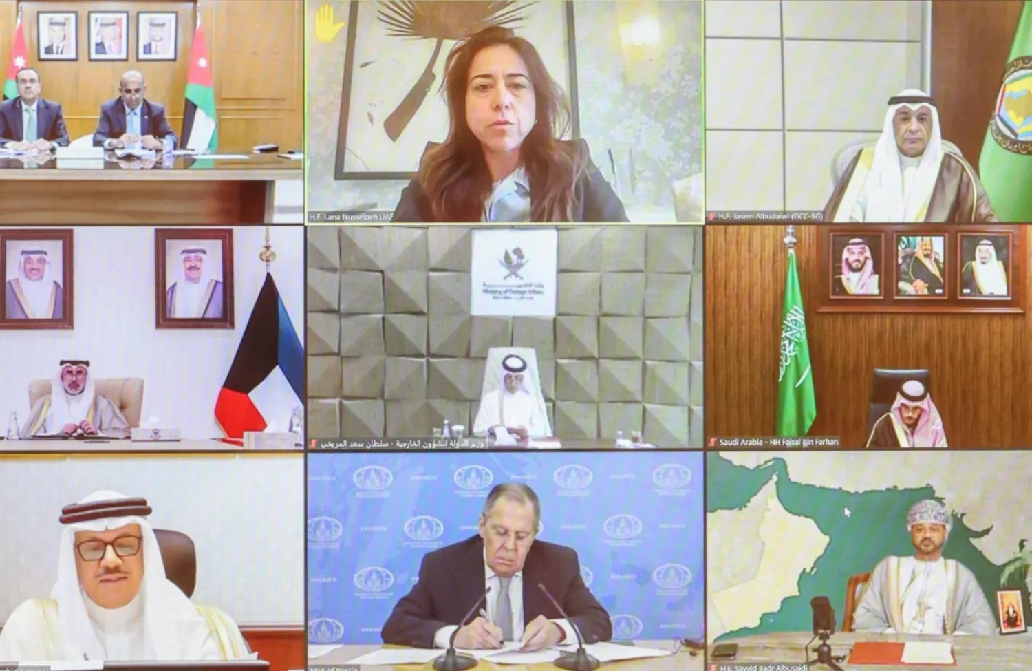 جانب من الاجتماع الوزاري الخليجي الأردني الروسي المشترك عبر الاتصال المرئي (مجلس التعاون)