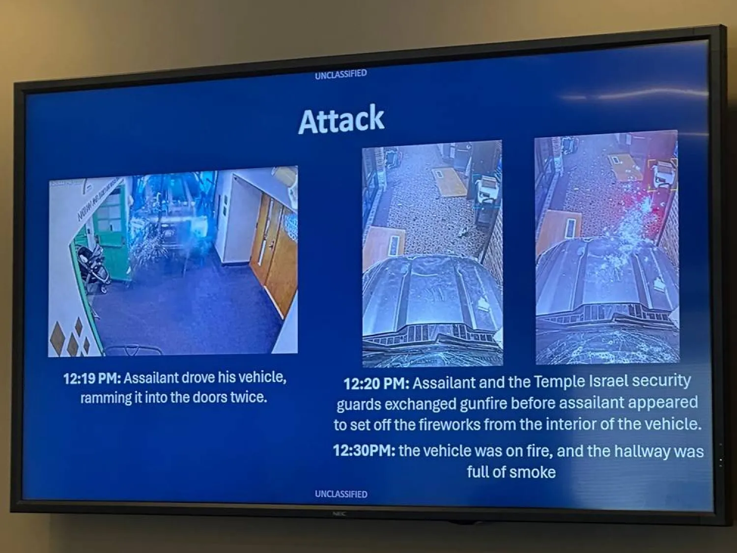 This sequence of images taken from security video at Temple Israel in West Bloomfield, Mich., and provided by the FBI, shows a pickup truck driven by Ayman Ghazali through a building door into the hallway of an early childhood education area, displayed during an FBI news conference, Thursday, March 12, 2026. (FBI via AP) 