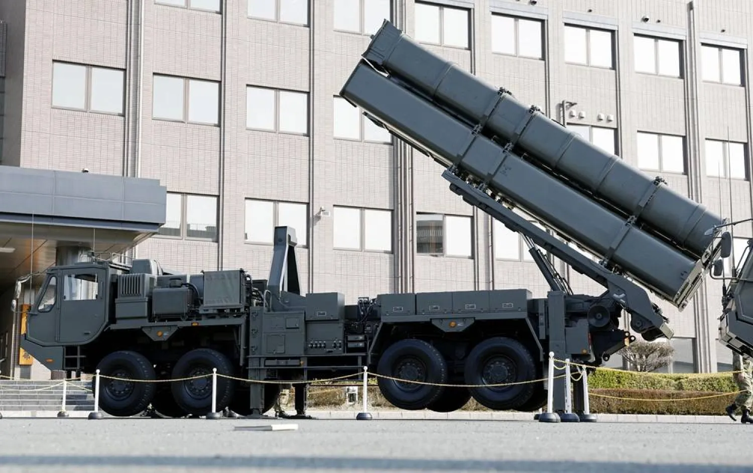  The Type-12 land-to-ship missile launcher is shown at the Camp Kengun in the Kumamoto prefecture, western Japan, on March 17, 2026. (Kyodo News via AP) 