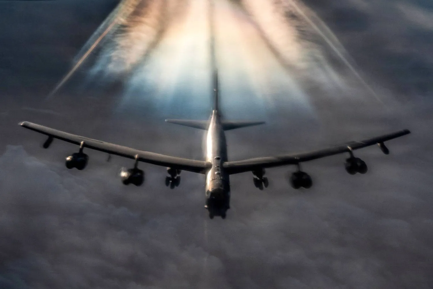 In this US Air Force handout photo released by US Central Command public affairs, a US Air Force B-52H Stratofortress bomber aircraft prepares to refuel from a KC-135 Stratotanker aircraft during Operation Epic Fury over the US Central Command area of responsibility on March 20, 2026. (Photo by US Airforce / AFP) 