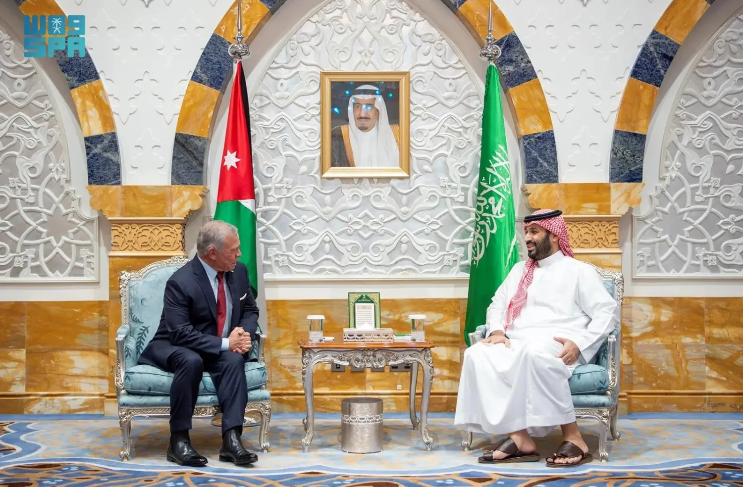 Prince Mohammed bin Salman bin Abdulaziz Al Saud, Saudi Crown Prince and Prime Minister, and Jordan's King Abdullah II meet in Jeddah on Monday. (SPA)