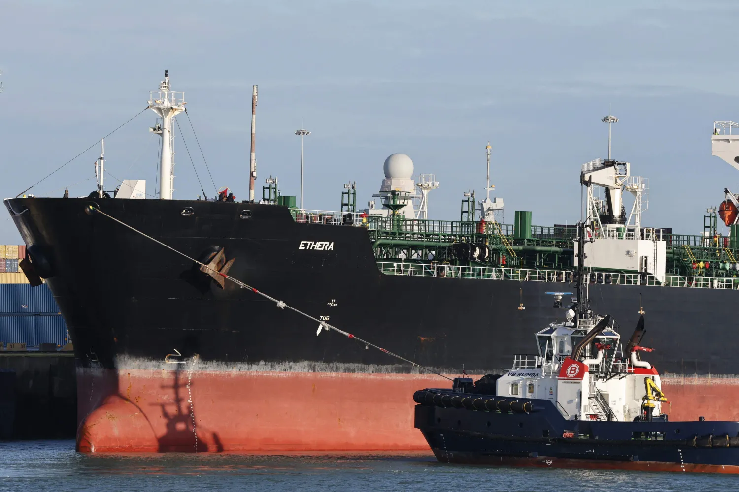 The seized 'Ethera' vessel is docked at the naval base in Zeebrugge, on March 1, 2026. (Photo by NICOLAS MAETERLINCK / Belga / AFP) 